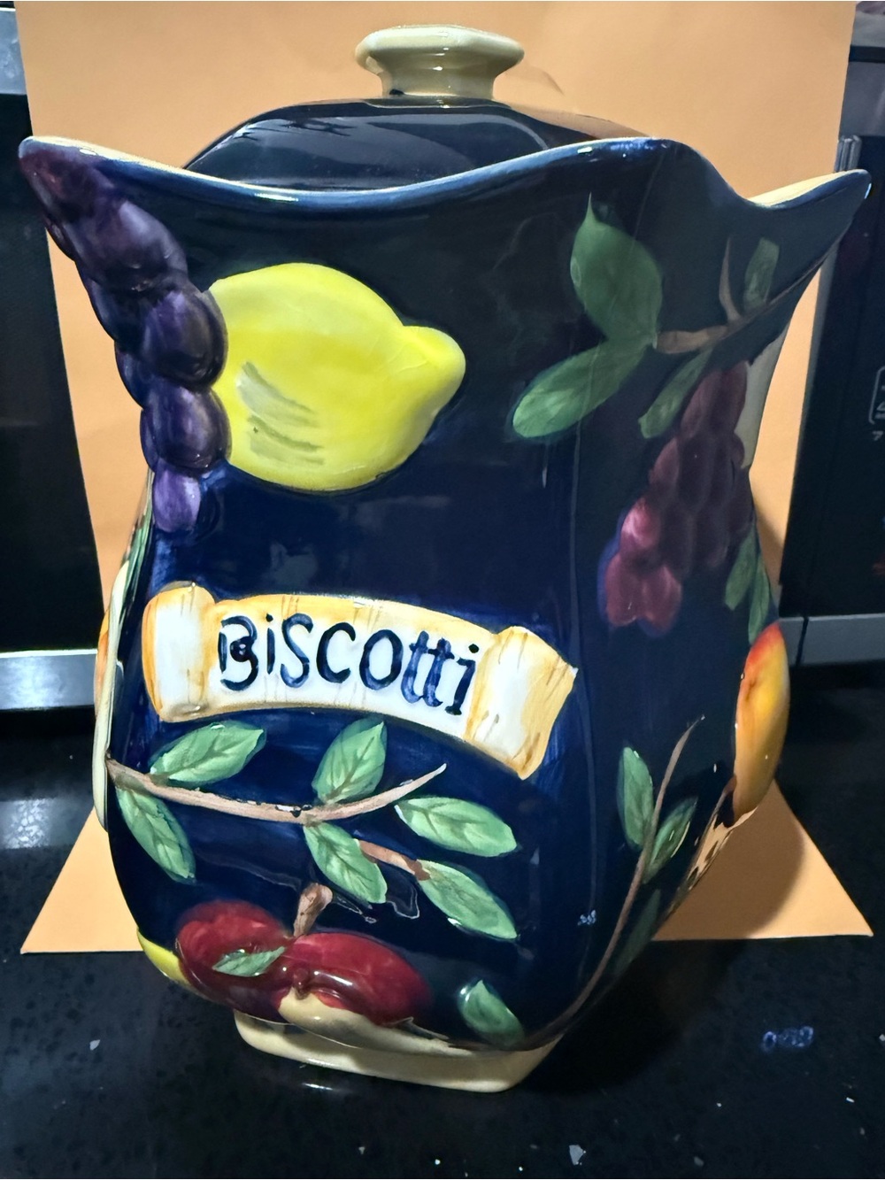 Vintage Biscotti Ceramic Canister in Navy with Fruit Motif